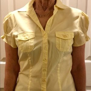 Women’s yellow short sleeve button up blouse